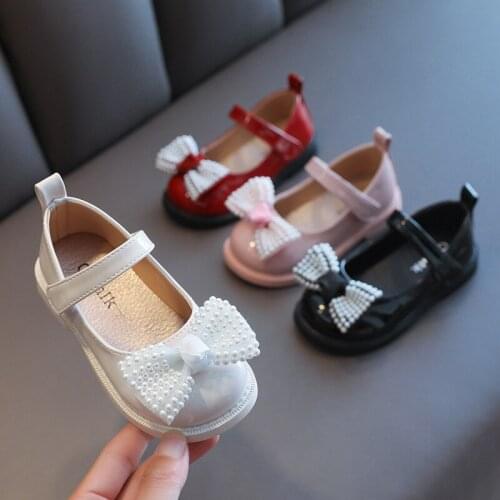 2021 Autumn Children Shoes Kids Toddler Girls Pearl Bow-knot Birthday Party Princess Shoes Comfortable Soft Bottom Student Shoes