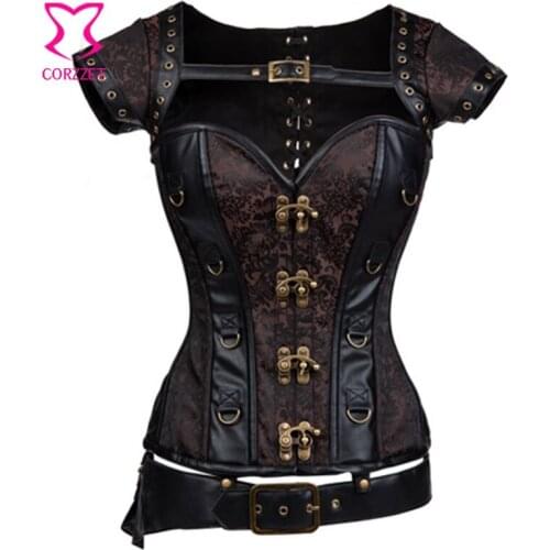 Vintage Black Leather and Brown Brocade Steel Boned Gothic Corset Steampunk Clothing Korsett For Women Sexy Corsets And Bustiers