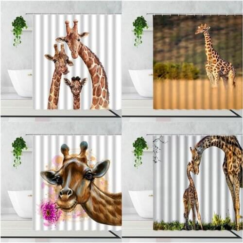 Funny Animal Shower Curtain Cute Giraffe Home Decoration Background Cloth Bathroom Waterproof Bath Curtains Polyester With Hooks