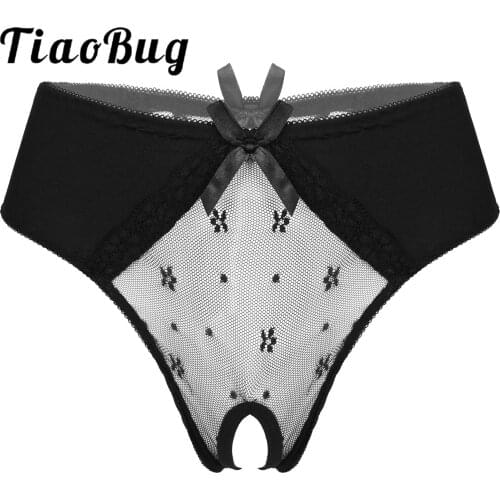 Womens Erotic Lingerie See-throughBriefs Underwear Back Hollow Out Lace Bowknot Crotchless Underpants Mesh Patchwork Panties