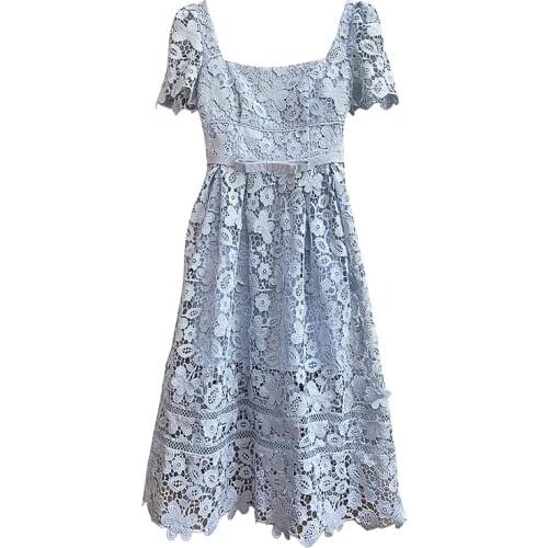 High Quality Square Collor Short Sleeve Women Lace Midi Dress 2021 New Arrive Hollow Out Floral Dress