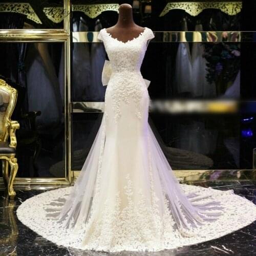 Luxury Vestido de Novia Mermaid Wedding Dresses V-neck Cap Sleeves Crystal Beaded Floor Length Bridal Dress with Bow Sashes