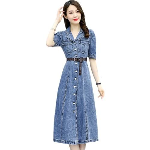 Summer New Vintage Denim Dresses Women Fashion Plus Size Slim Short Sleeve Sashes Single Breasted Long Jean Dress Female G1212