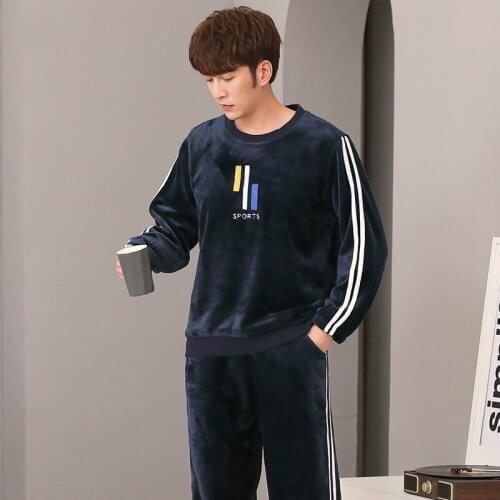 Winter Flannel Mens Round Collar Mulong Family Thickened Warm Coral Velvet Home Men Can Wear Pajamas In Autumn and Winter