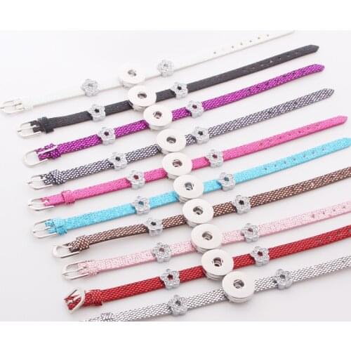 10pcs/lot Interchangeable Snap Jewelry Bling PU Leather Rhinestone Slide Watch Bangles Fit 18mm Snaps Snap Buttons Bracelets