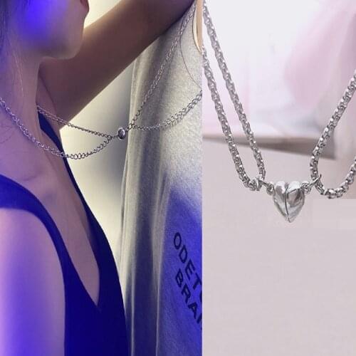 2Pcs Magnet Heart Pendant Necklace Set Couple Together Jewelry Love Forever Best Friend Chain Stainless Steel Boyfriend Gifts