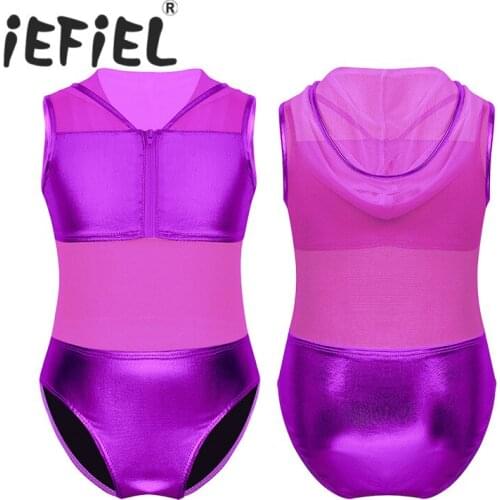 Kids Girls Children Shiny Metallic Hoodie Mesh Patchwork Zipper Closure Ballet Dance Gymnastics Leotard Jumpsuit for Performance