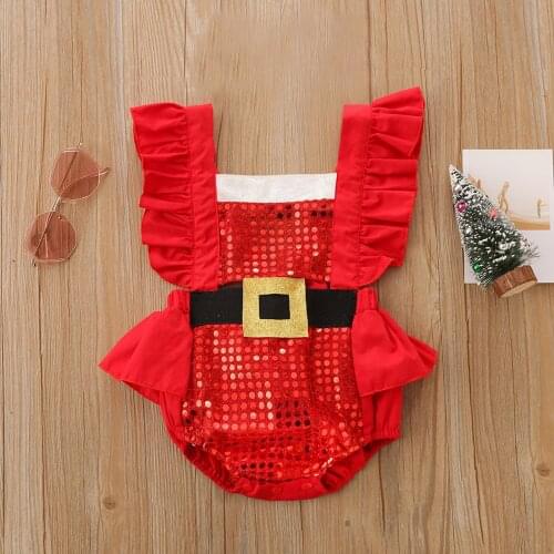 Newborn Baby Girls Lovely Christmas Romper Toddler Tie-up Ruffle Sequin Fly Sleeve Jumpsuits Festival Cotton Backless Playsuits