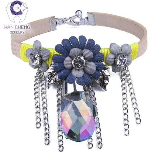 HanCheng New Fashion Tassel PU Belt Big Discolor Created Crystal Flower Choker Necklace Women Necklaces collar jewelry bijoux