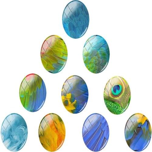 JWEIJIAO 10pcs/lot All kinds of birds feathers Pattern18x25 mm Oval Glass Cabochon Beads Flatback Jewelry Finding WL789