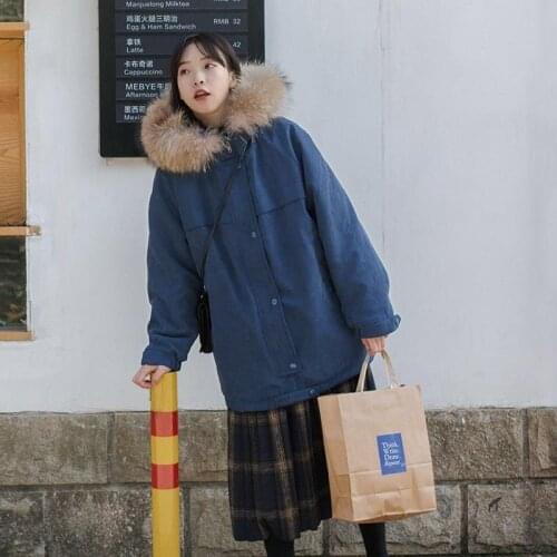 2021 Winter jacket men women high street loose Button zipper coat large fur collar mid-length thick techwear Dark blue clothing