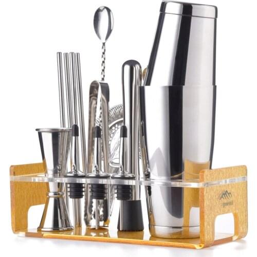 Greenhill Premium Barware Set, 15 Pieces including Shaker, Jigger, Ice Tong, Strainer, Pourer, Muddler, Straw, Spoon & Holder