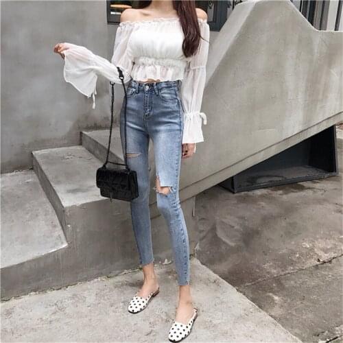 Real shot 2019 new Korean version of the slim was thin feet stretch pencil pants fashion wild hole jeans women