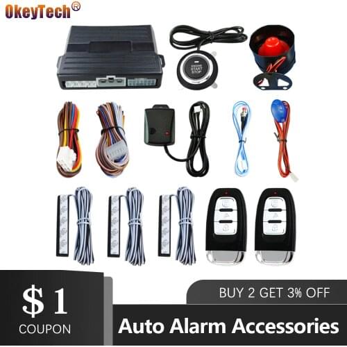 OkeyTech PKE Auto Alarm System With Keyless Entry Remote Engine Start Universal Vehicle Keyless Alarm Go Shock Warn Push Button