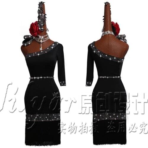 Latin Dance Dress Latin Skirt Competition Dress Costumes Performing Dress Practice Skirt Customize Adult Kids Lady Black Tassel