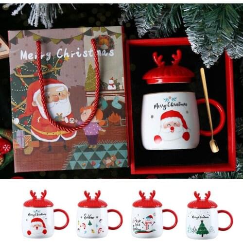 Christmas Snowman Print Mugs 500ML with Small Spoon Cup lid and Box Coffee Tea Ceramic Cups Couple Kids Christmas Gift Drinkware