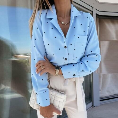 Shirt Lapel Printing Women Office Style T-shirt Polka Dot Print Long-sleeved TShirt Top Casual loose shirts with pocket spring