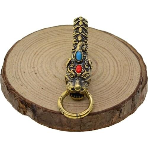 Handmade spring snap oval antique brass Japanese Dragon Chinese Unicorn Turquoise hook keychain jean chain FOB DIY