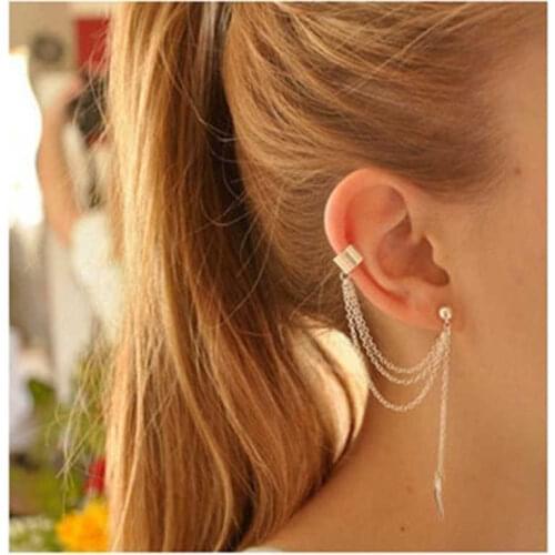 Personality simple leaf tassel ear stud ear clip female Fashion street Earrings