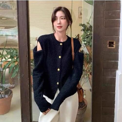 ZAWFL Women Sweater 2021 Korean Ins New Cardigan Autumn Winter New Solid Color Matching Stripes Short Knit Long-sleeved Top