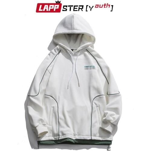 LAPPSTER-Youth Men Patchwork Fleece Hooded Hoodies 2021 Autumn Pullover Mens Harajuku White Sweatshirts Japan Streetwear Tops