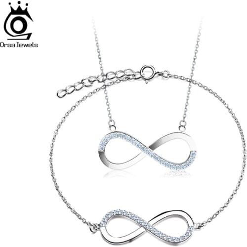 ORSA JEWELS Lady Charms Infinity 925 Silver Jewelry Set Bangle Bracelet Necklace Silver Jewelry Female Anniversary Gift OSS68