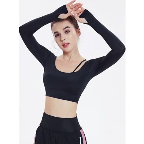 Female Long Sleeve Yoga Shirt Women Padded Sports Shirts Sexy Backless Gym Tees Fitness Workout Crop Tops Showing Belly Button