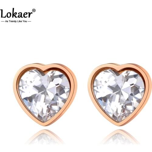 Lokaer Sparkling Titanium Stainless Steel Cubic Zirconia Love Heart Wedding Earrings For Women CZ Crystl Earrings Jewelry E20096