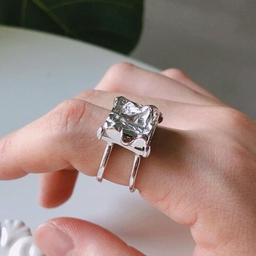 Womens Authentic S925 Sterling Silver FINE Jewelry Irregular Square Texture ring adjust TLJ696