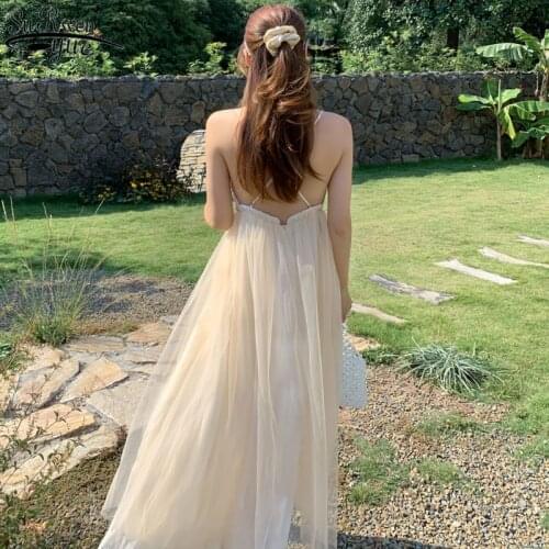 Womens Beach Dress New Seaside Holiday Summer New Sleeveless Backless Suspender Dress Mesh Princess Dress 13232