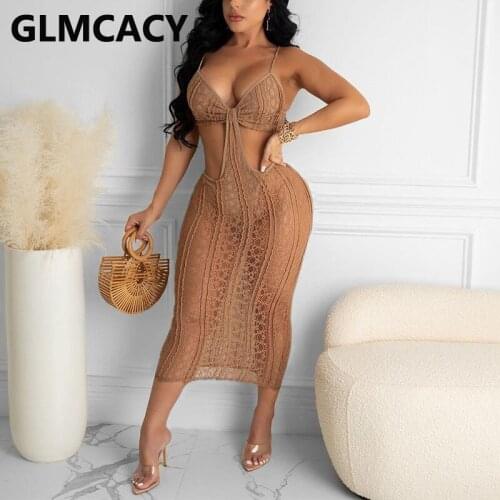 Women Spaghetti Strap Hollow Out Sexy See Through Bodycon Maxi Dress