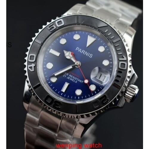 40mm Parnis luminous Sapphire glass black ceramic bidirectional rotating bezel blue dial movement Men watchE2405