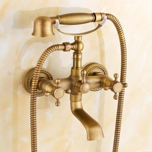 GIZERO Good Quality Telephone Style Antique Brass Shower Faucet Dual Handle Control Mixer Wall Mounted Bathroom Shower ZR012