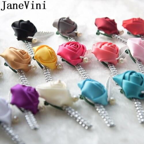 JaneVini Flower Lapel Pin Mens Wedding Boutonniere Crystal Satin Rose Wedding Brooch Buttonhole Grooms Boutonnieres Custom Made