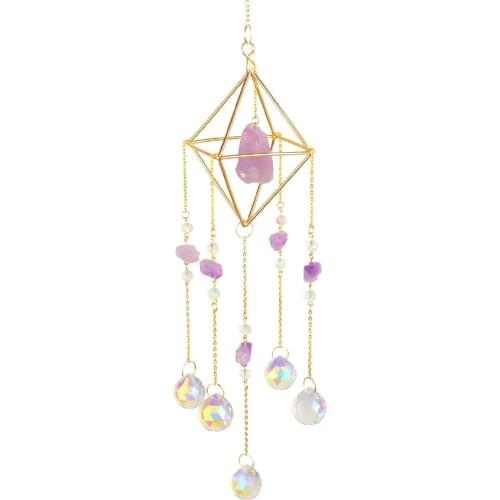 Crystal Light Catching Jewelry Wind Chime Diamond Color Lighting Ball Metal Frame Natural Stone Colored Bead Garden Decoration