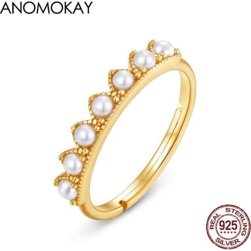 Anomokay Trendy Maple Leaf Pearl Crown Gold Color Ring Adjustable Jewelry Real Sterling 925 Silver Ring for Birthday Gift