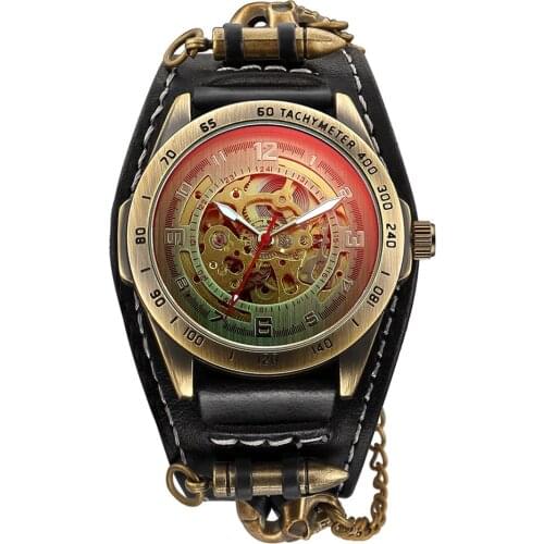 Fashion Vintage Men Watches Bullet Cow Leather Band Automatic Mechanical Watches Waterproof Skeleton Men Watch Relogio Masculino