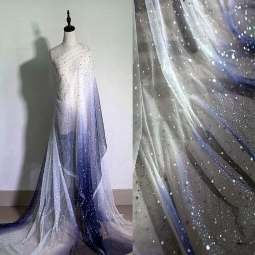 Soft Blue And White Glitter Gradient Star Sequin Mesh Fabric For Dress Party Dresses, By The Meter