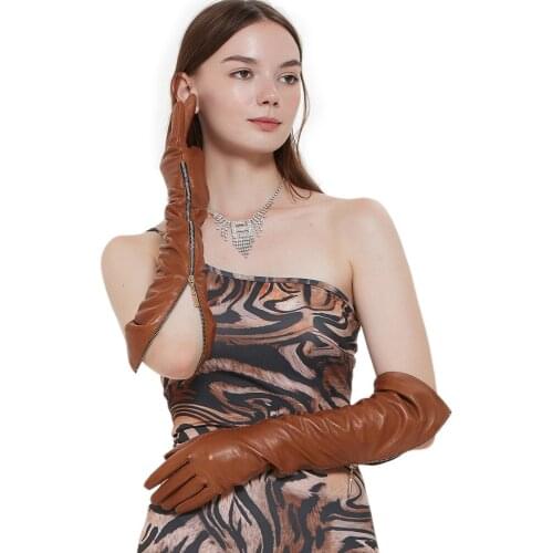 Women 50cm long (19.7") long real sheep leather side visible zipper style gloves tan