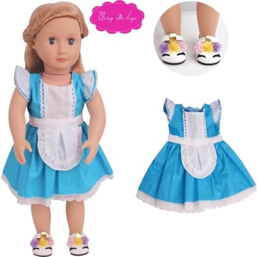 18 inch Girls doll dress baby girl blue gown + shoes American newborn accessories fit 43 cm baby dolls c781