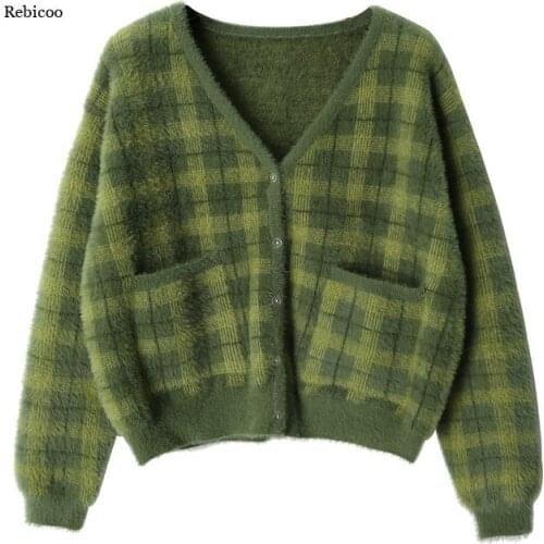 Harajuku Fuzzy Green Plaid Cardigan With Front Button Women Cropped Cardigan Sweater Casual long knitted cardigan female