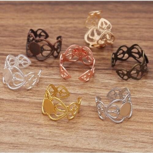200pcs Blank Open Ring Settings with 8mm Flat Circle Glue Pad Filigree Heart Adjustable Ring Findings DIY Jewelry Making