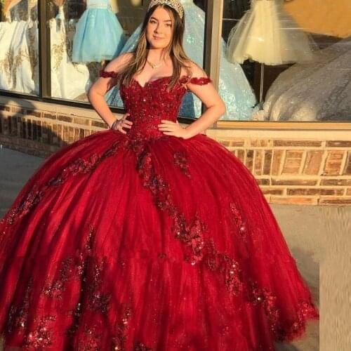 Luxury Burgundy Lace Beads Quinceanera Dresses Ball Gown Sweet 16 Year Princess Dresses For 15 Years vestidos de 15 años anos