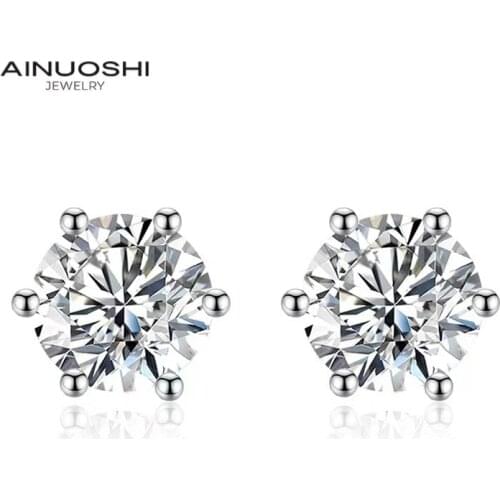 AINUOSHI Round Cut 1 Carat SONA Diamond Six Claws Simple Stud Earrings For Women Copper Gilded Exquisite Jewelry Gift