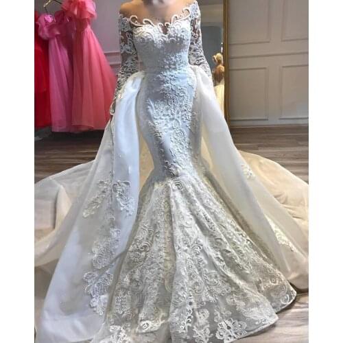 Mermaid Wedding Dresses with Detachable Train Luxury Lace Applique Crystal Sheer Neck Arabic Long Sleeve Wedding Gown