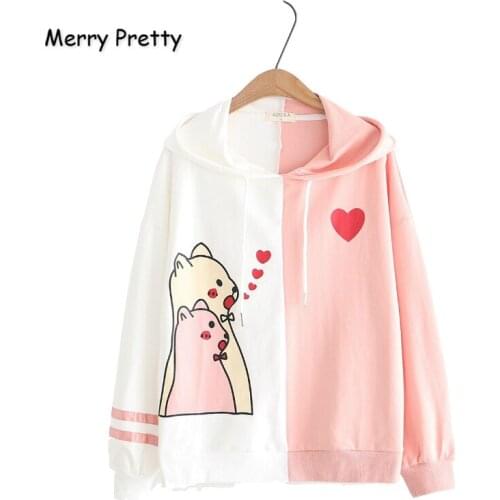 Merry Pretty Cotton Women Cartoon Print Patchwork Pink Hoodies Sweatshirts 2020 Winter Long Sleeve Drawstring Hooded Tracksuits