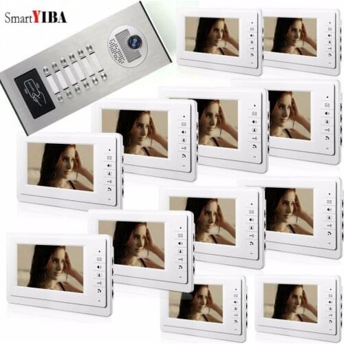SmartYIBA 7" Apartment Video Intercom Doorbell Video Door Phone System IR Camera Build-in RFID Reader For 12/10/8/6/4/2 Families