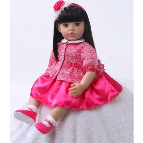 22" Handmade Viny Doll Long Hair Girl New Gift Dolls + Dress Reborn Toddler Baby Kids Toys For Girls