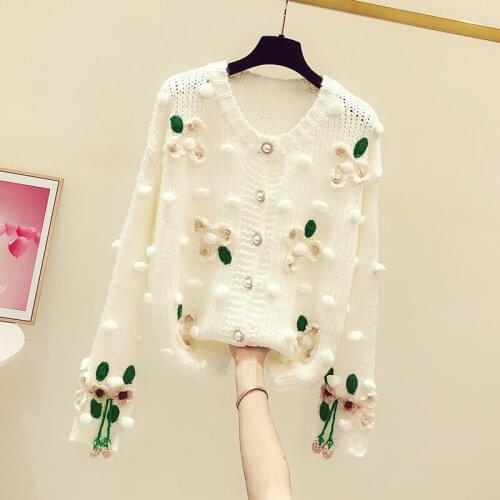 Beaded Embroidery Knitted Women Sweater Cardigan Winter New O-Neck Long-Sleeved Loose Lady Elegant Outwear Coats Tops