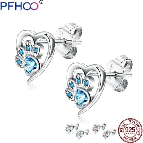 ZEMIOR Cute Earrings For Women Genuine 925 Sterling Silver Animal Paw Heart Shape Blue CZ Cubic Zirconia Stud Earring Jewelry